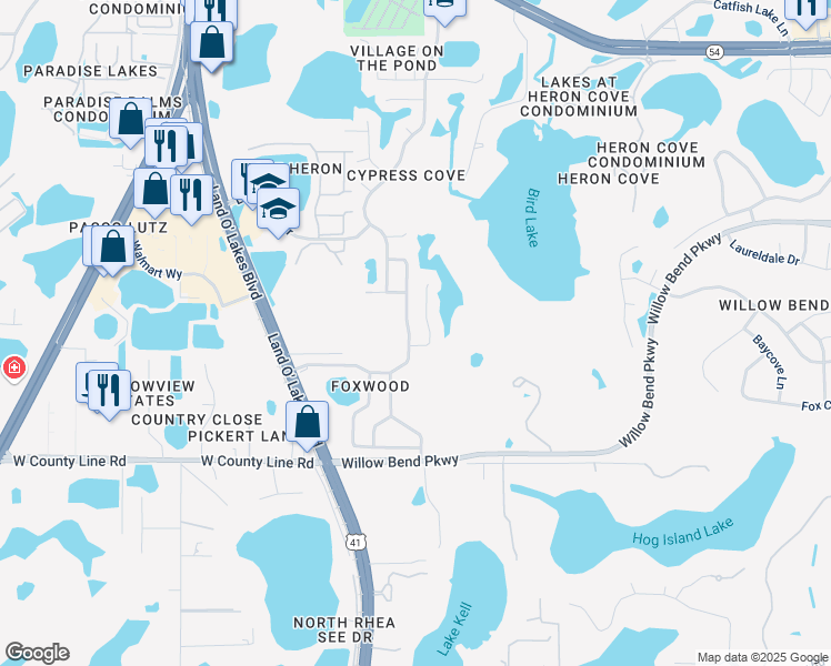map of restaurants, bars, coffee shops, grocery stores, and more near 1241 Eastwood Drive in Lutz