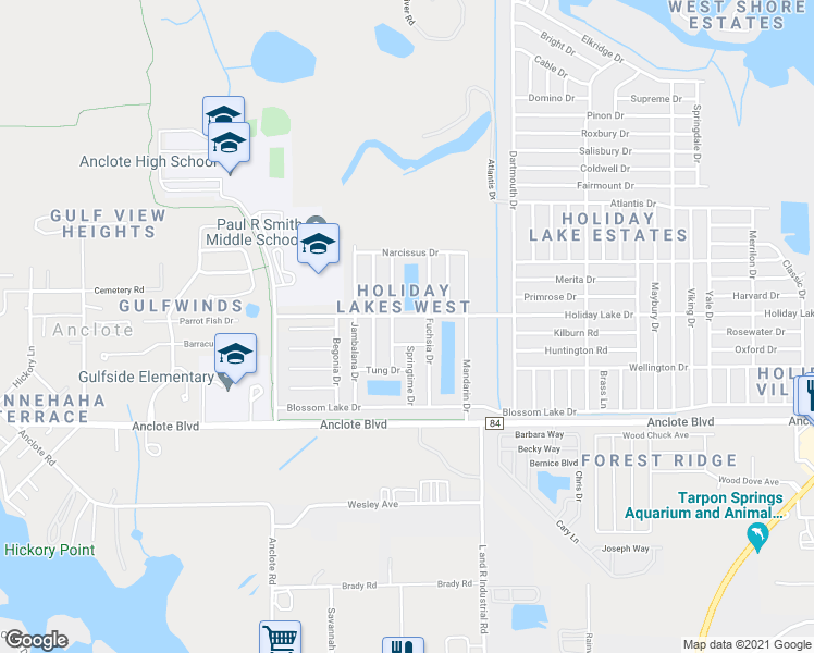 map of restaurants, bars, coffee shops, grocery stores, and more near 2728 Holiday Lake Drive in Holiday