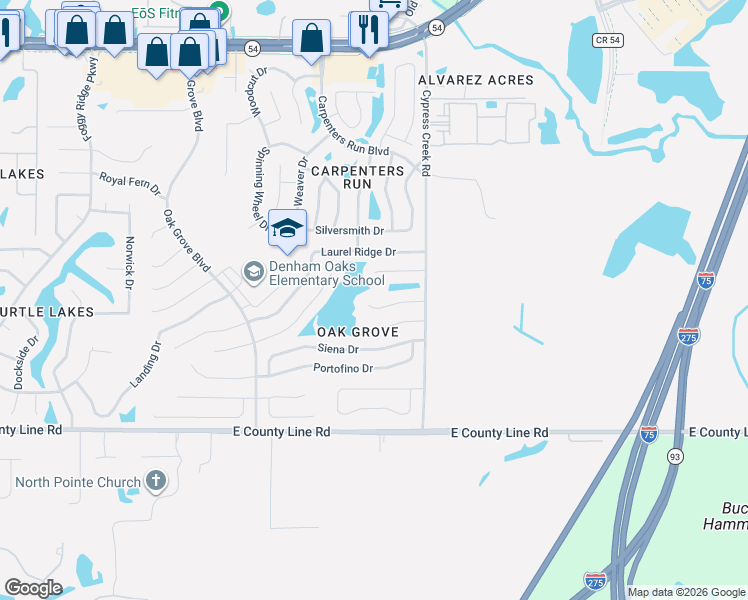 map of restaurants, bars, coffee shops, grocery stores, and more near 24833 Panacea Court in Lutz