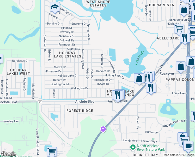 map of restaurants, bars, coffee shops, grocery stores, and more near 3544 Rosewater Drive in Holiday