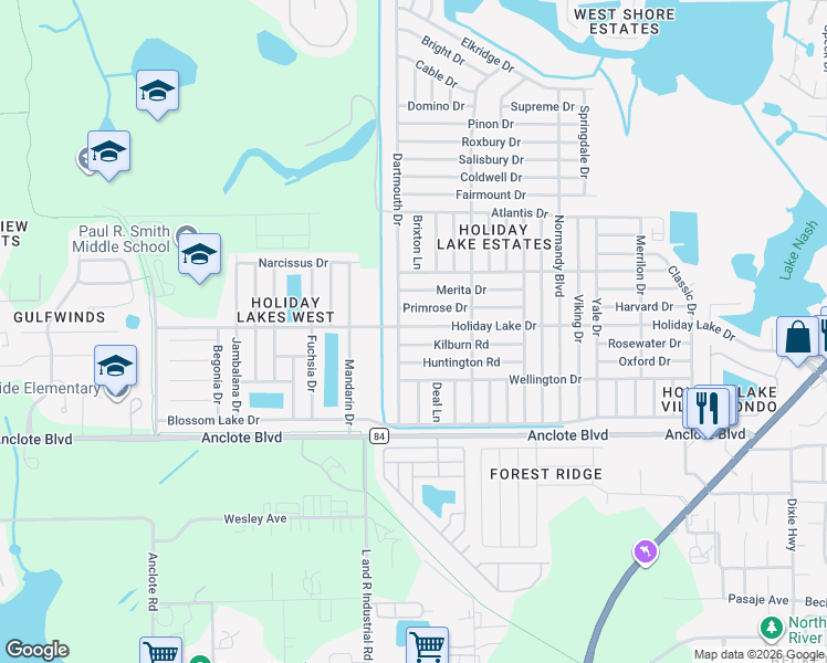 map of restaurants, bars, coffee shops, grocery stores, and more near 1203 Dartmouth Drive in Holiday