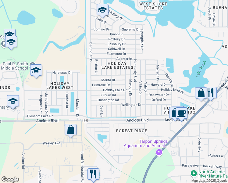 map of restaurants, bars, coffee shops, grocery stores, and more near 3214 Holiday Lake Drive in Holiday