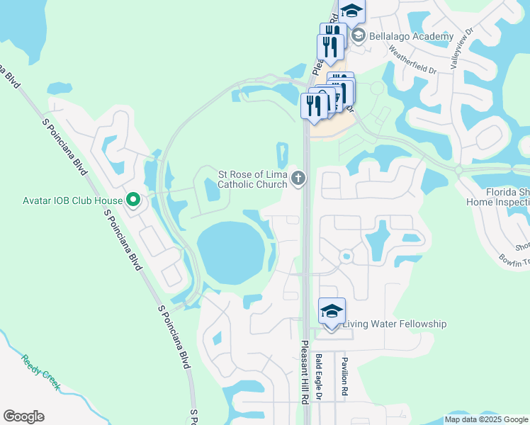 map of restaurants, bars, coffee shops, grocery stores, and more near 3536 Warbler Way in Kissimmee