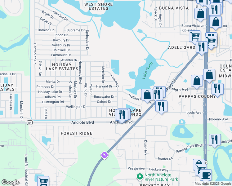 map of restaurants, bars, coffee shops, grocery stores, and more near 3640 Rosewater Drive in Holiday