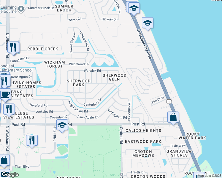 map of restaurants, bars, coffee shops, grocery stores, and more near 2114 King Richard Road in Melbourne