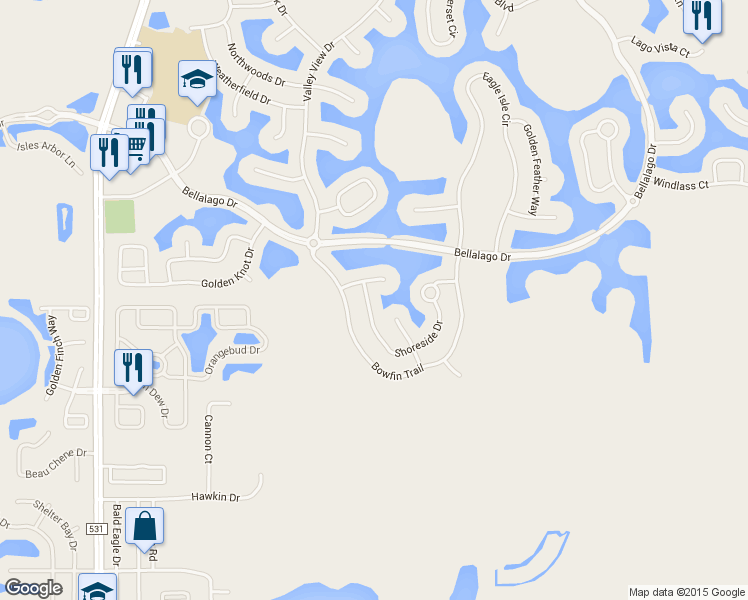 map of restaurants, bars, coffee shops, grocery stores, and more near 3827 Bowfin Trail in Kissimmee