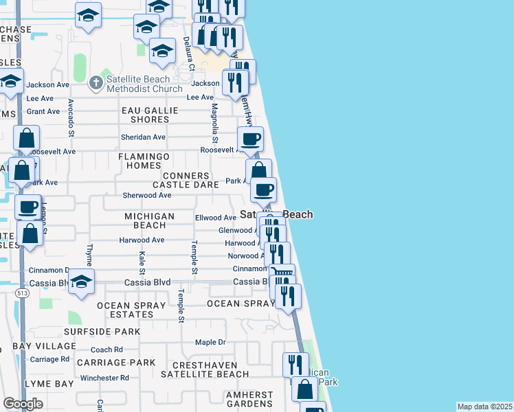 map of restaurants, bars, coffee shops, grocery stores, and more near 160 Ellwood Avenue in Satellite Beach