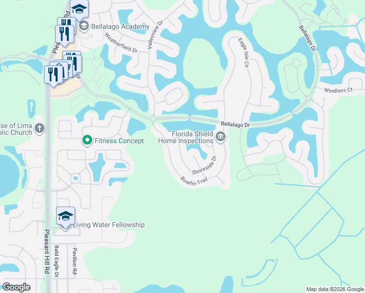 map of restaurants, bars, coffee shops, grocery stores, and more near 3827 Bowfin Trail in Kissimmee