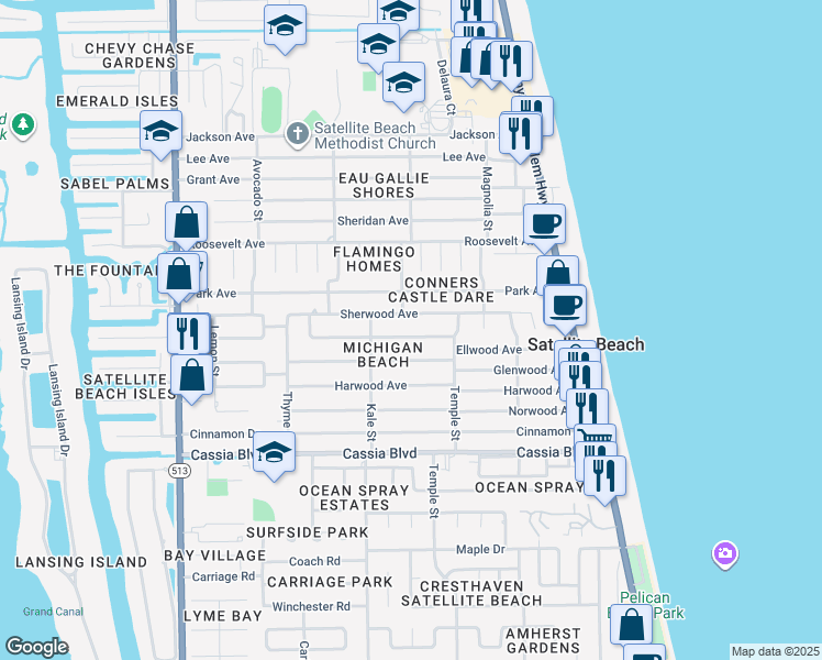 map of restaurants, bars, coffee shops, grocery stores, and more near 320 Glenwood Avenue in Satellite Beach