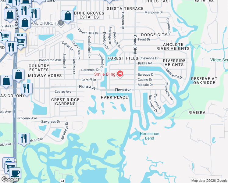 map of restaurants, bars, coffee shops, grocery stores, and more near 5305 Boardwalk Street in Holiday