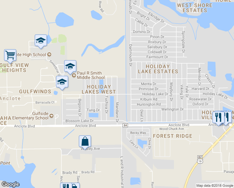 map of restaurants, bars, coffee shops, grocery stores, and more near 1219 Mandarin Drive in Holiday