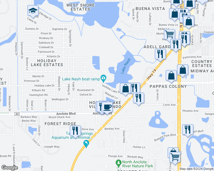 map of restaurants, bars, coffee shops, grocery stores, and more near 3801 Holiday Lake Drive in Holiday