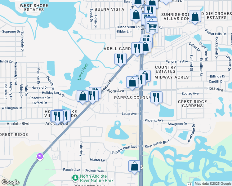 map of restaurants, bars, coffee shops, grocery stores, and more near 1152 Lord Street in Holiday