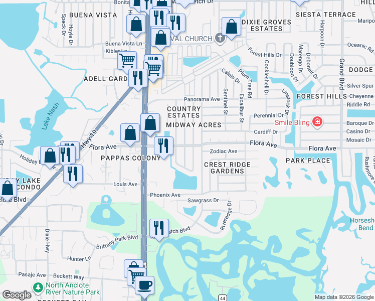 map of restaurants, bars, coffee shops, grocery stores, and more near 1142 Honor Drive in Holiday