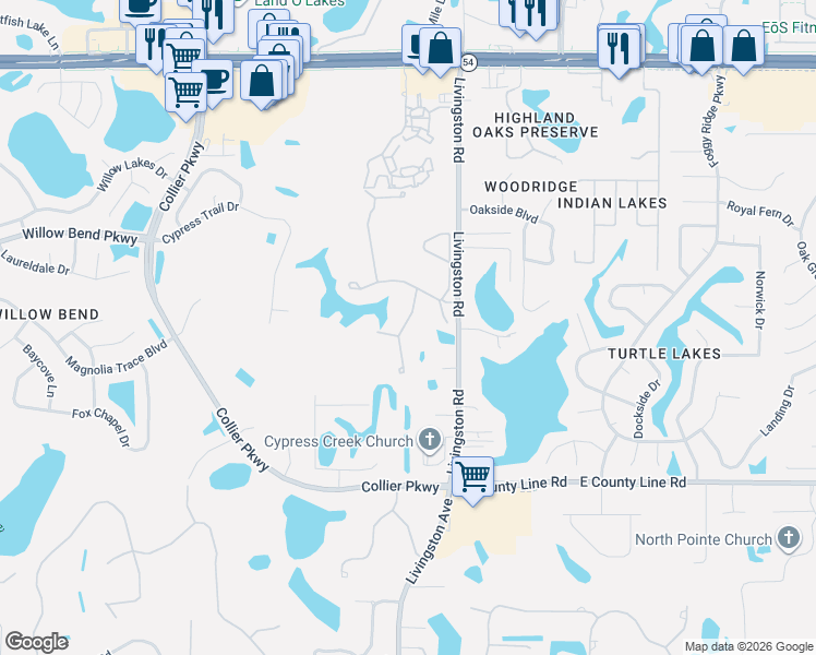 map of restaurants, bars, coffee shops, grocery stores, and more near White Fox Run in Lutz