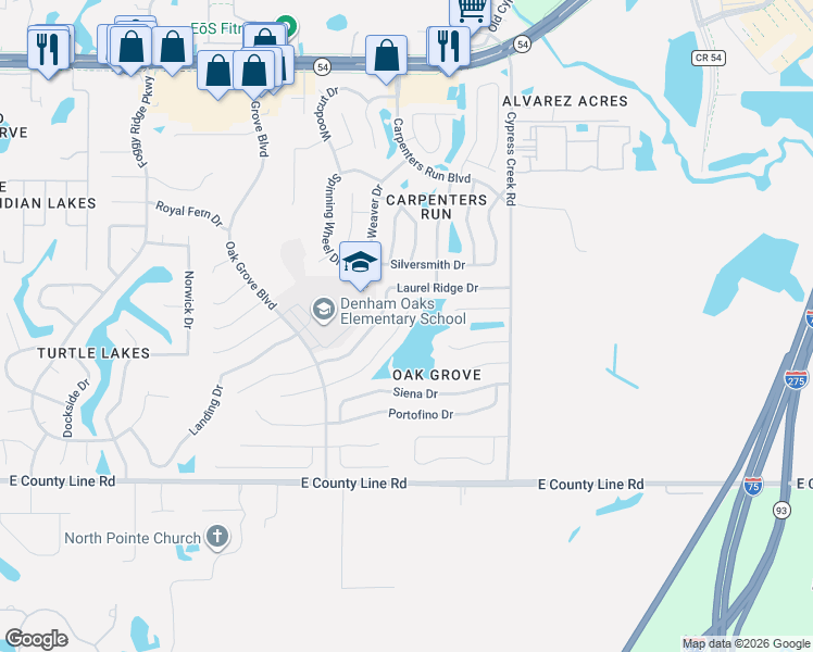 map of restaurants, bars, coffee shops, grocery stores, and more near 1348 Avonwood Court in Lutz