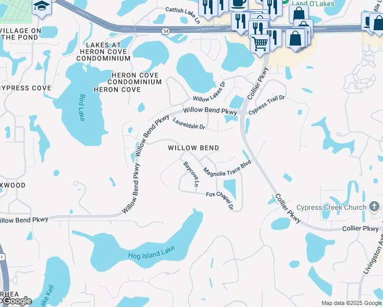 map of restaurants, bars, coffee shops, grocery stores, and more near Magnolia Trace Boulevard in Lutz