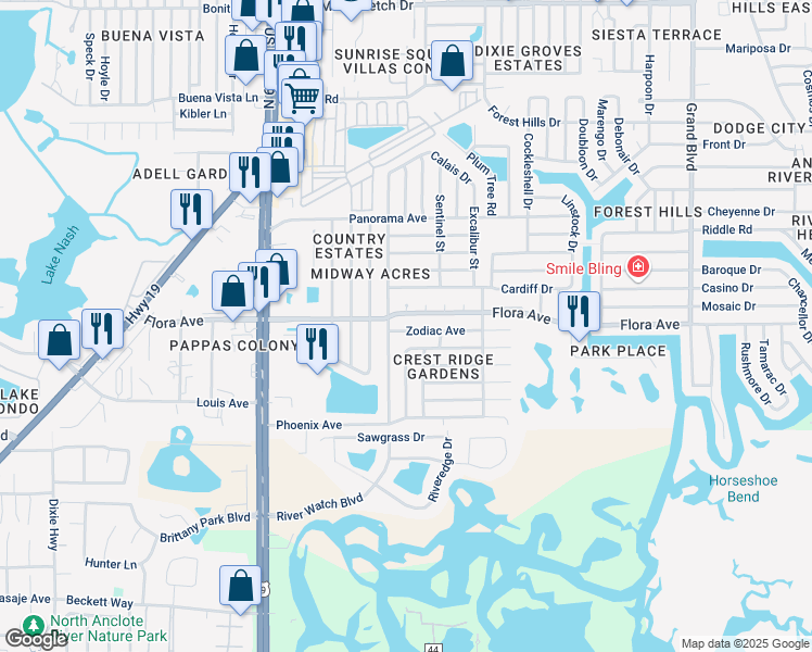 map of restaurants, bars, coffee shops, grocery stores, and more near 1261 Landau Street in Holiday