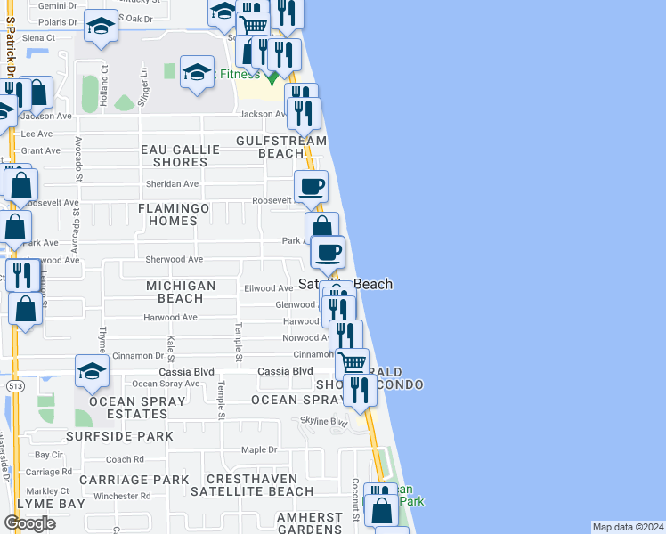 map of restaurants, bars, coffee shops, grocery stores, and more near 1273 Highway A1A in Satellite Beach