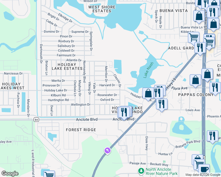 map of restaurants, bars, coffee shops, grocery stores, and more near 3641 Harvard Drive in Holiday