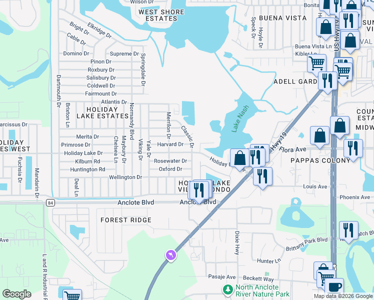 map of restaurants, bars, coffee shops, grocery stores, and more near 3701 Holiday Lake Drive in Holiday