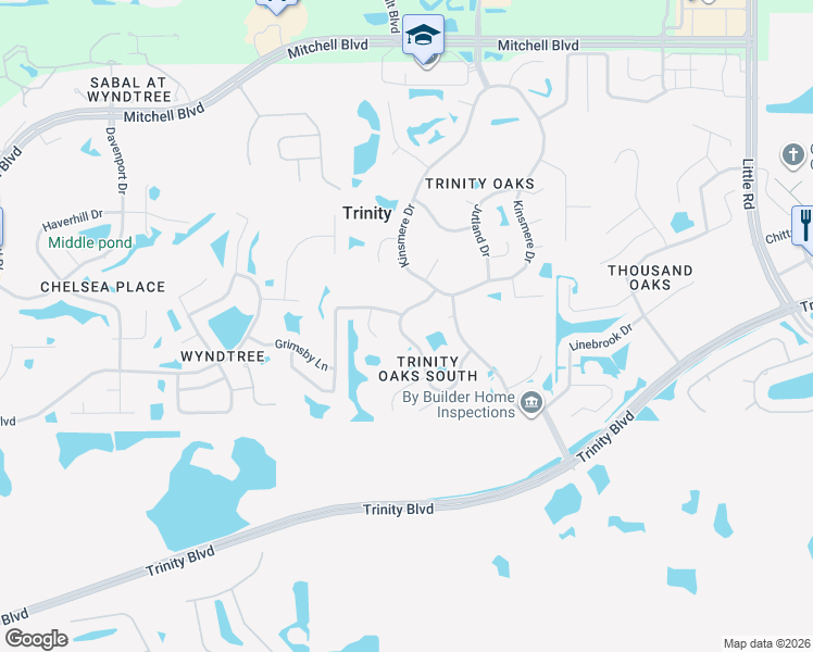 map of restaurants, bars, coffee shops, grocery stores, and more near 1220 Maravista Drive in Trinity