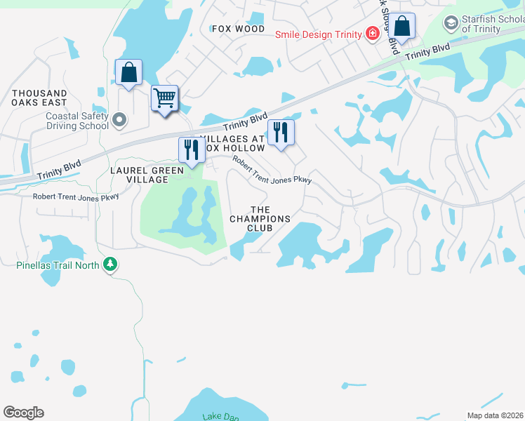 map of restaurants, bars, coffee shops, grocery stores, and more near 10602 Pontofino Circle in Trinity
