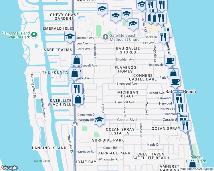 map of restaurants, bars, coffee shops, grocery stores, and more near 470 Sherwood Avenue in Satellite Beach