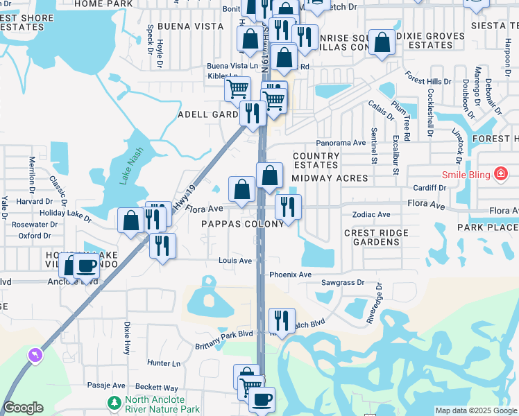 map of restaurants, bars, coffee shops, grocery stores, and more near U.S. 19 & Flora Avenue in Holiday