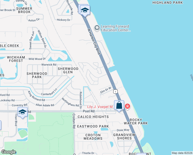 map of restaurants, bars, coffee shops, grocery stores, and more near 2036 Mobiland Drive in Melbourne