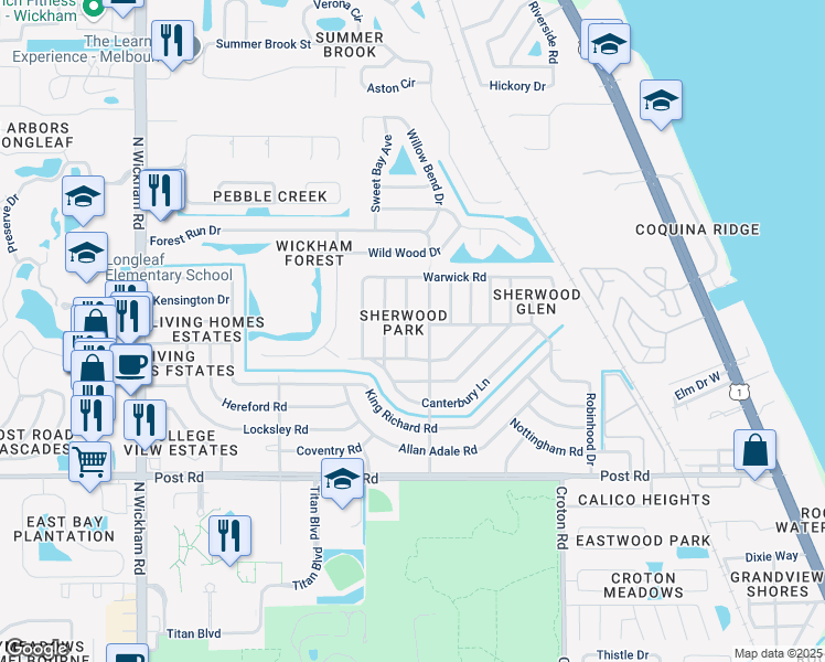map of restaurants, bars, coffee shops, grocery stores, and more near 4350 Sherwood Boulevard in Melbourne