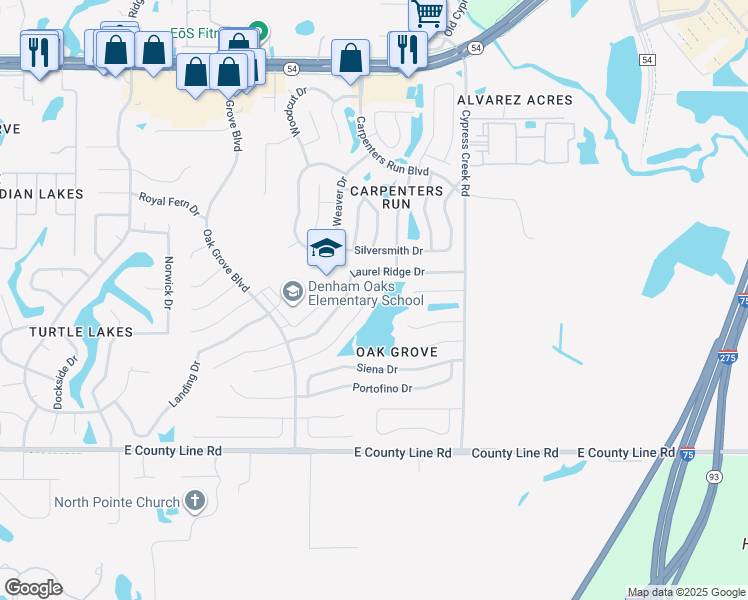 map of restaurants, bars, coffee shops, grocery stores, and more near 1402 Avonwood Court in Lutz