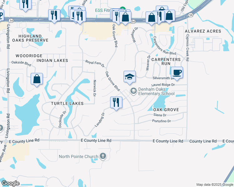 map of restaurants, bars, coffee shops, grocery stores, and more near 24356 Branchwood Court in Lutz