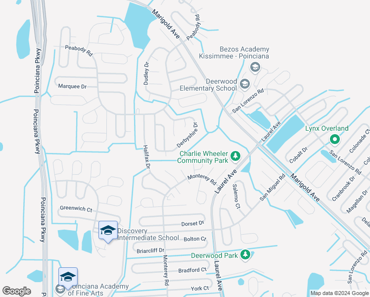 map of restaurants, bars, coffee shops, grocery stores, and more near 964 Derbyshire Drive in Kissimmee