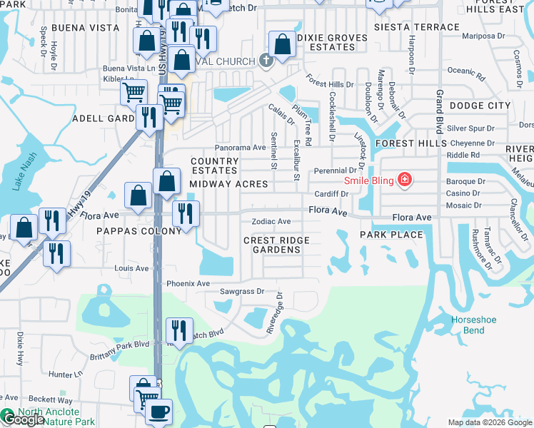 map of restaurants, bars, coffee shops, grocery stores, and more near 1254 Ash Court in Holiday