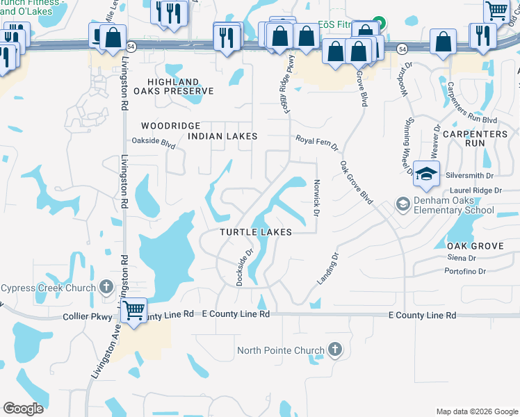 map of restaurants, bars, coffee shops, grocery stores, and more near 1426 Foggy Ridge Parkway in Lutz