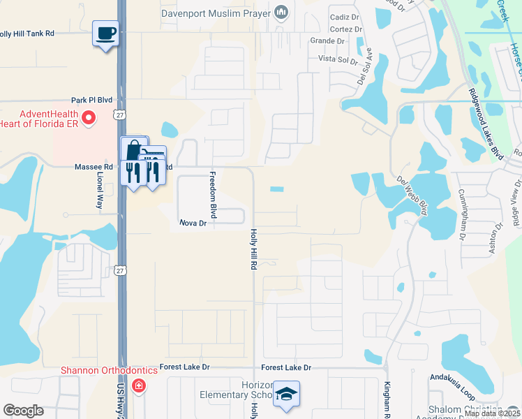 map of restaurants, bars, coffee shops, grocery stores, and more near 1400 Holly Hill Road in Davenport