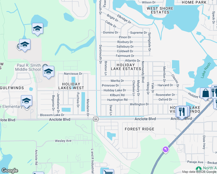 map of restaurants, bars, coffee shops, grocery stores, and more near 3111 Primrose Drive in Holiday