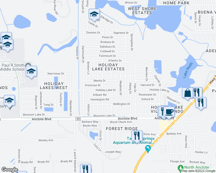 map of restaurants, bars, coffee shops, grocery stores, and more near 3228 Primrose Drive in Holiday