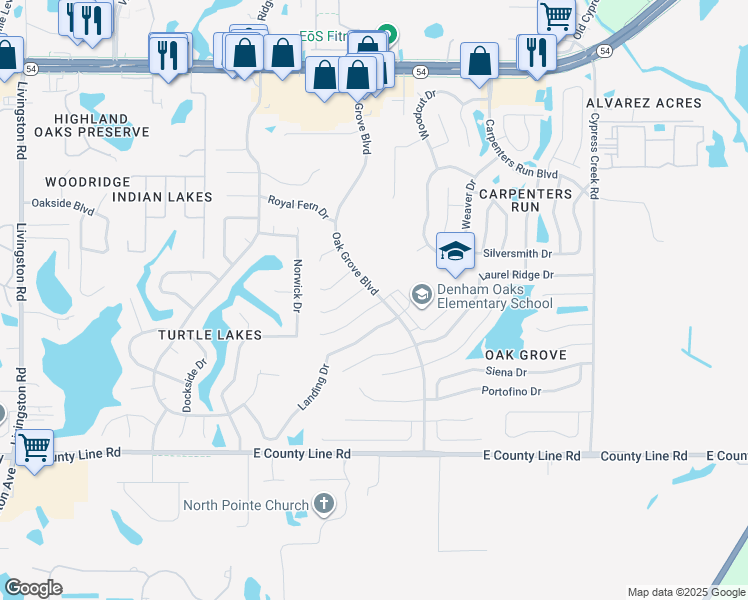 map of restaurants, bars, coffee shops, grocery stores, and more near 24356 Branchwood Court in Lutz