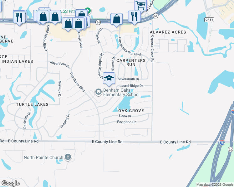 map of restaurants, bars, coffee shops, grocery stores, and more near 24644 Laurel Ridge Drive in Lutz