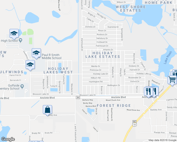 map of restaurants, bars, coffee shops, grocery stores, and more near 3054 Primrose Drive in Holiday