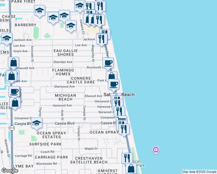 map of restaurants, bars, coffee shops, grocery stores, and more near 140 Sherwood Avenue in Satellite Beach