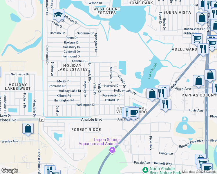 map of restaurants, bars, coffee shops, grocery stores, and more near 3544 Harvard Drive in Holiday