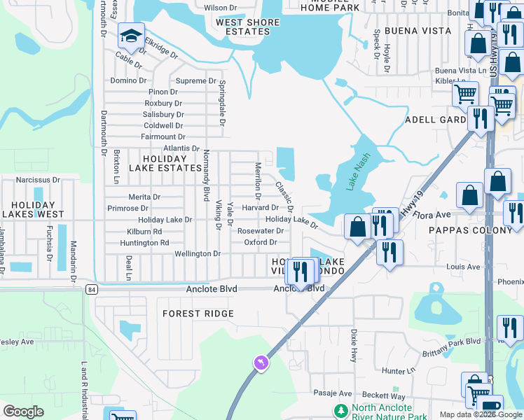 map of restaurants, bars, coffee shops, grocery stores, and more near 3608 Harvard Drive in Holiday