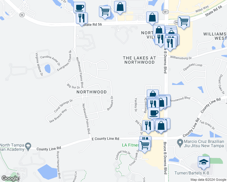 map of restaurants, bars, coffee shops, grocery stores, and more near 27628 Breakers Drive in Wesley Chapel