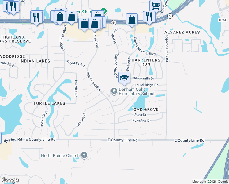 map of restaurants, bars, coffee shops, grocery stores, and more near 1422 Oak Grove Boulevard in Lutz