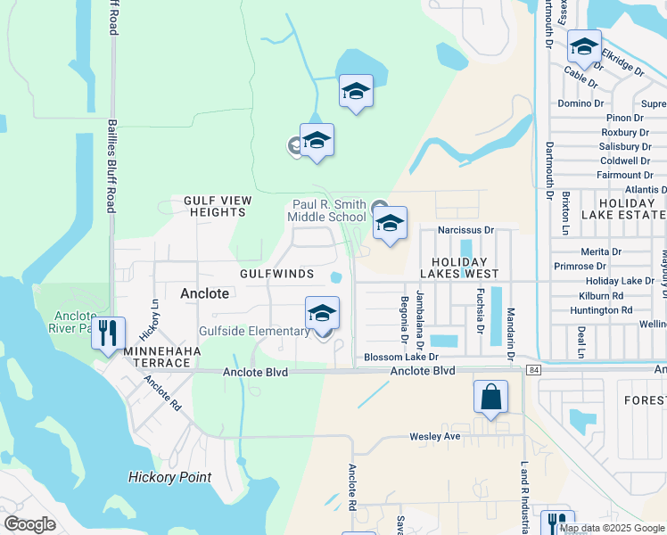 map of restaurants, bars, coffee shops, grocery stores, and more near 2445 Triggerfish Court in Holiday