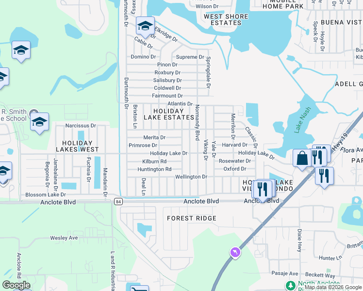 map of restaurants, bars, coffee shops, grocery stores, and more near 4854 Primrose Drive in Holiday
