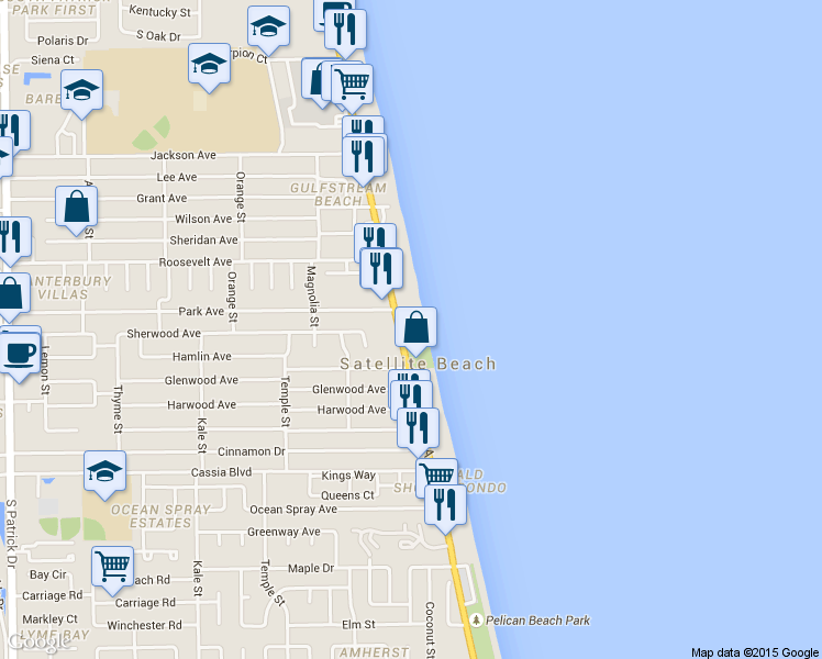 map of restaurants, bars, coffee shops, grocery stores, and more near 1255 Florida A1A in Satellite Beach